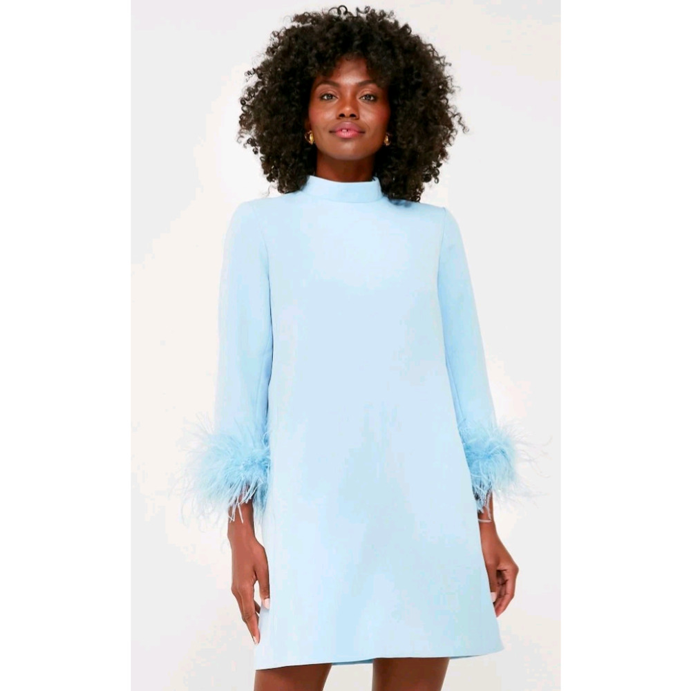 Tuckernuck Ellie Blue Feather Cuff Mock Neck Shift Dress Cocktail NWT Size M
